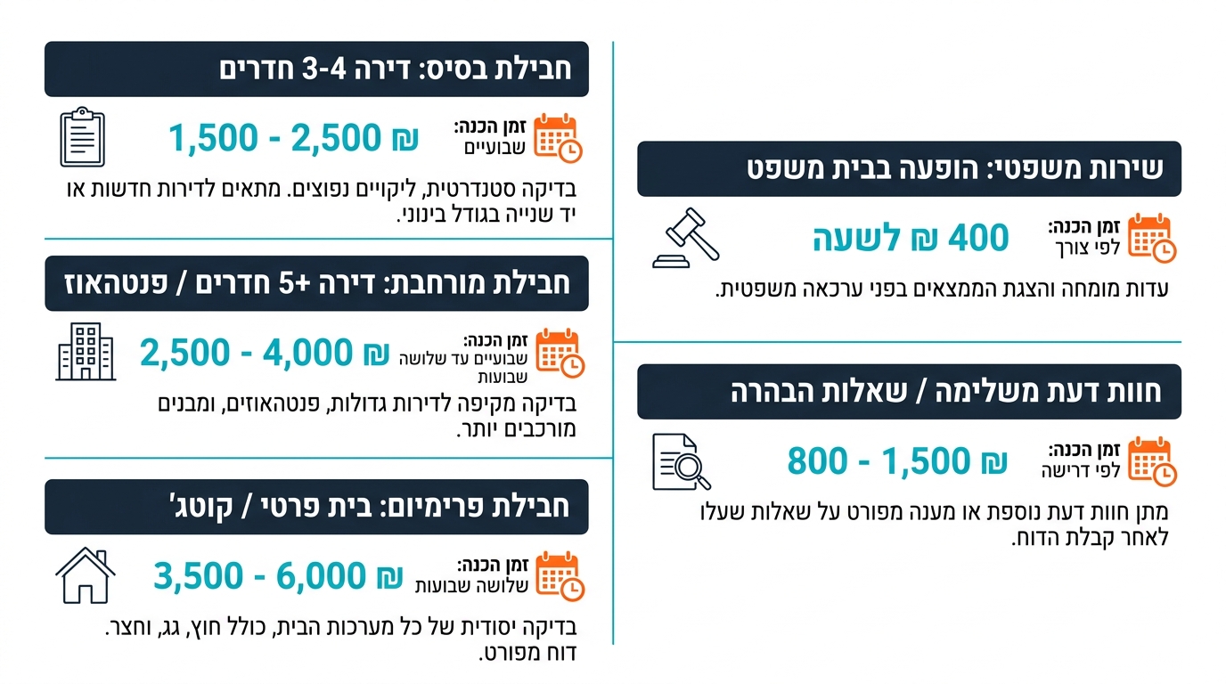 עלות חוות דעת מומחה לבית משפט ליקויי בנייה לפי סוג נכס