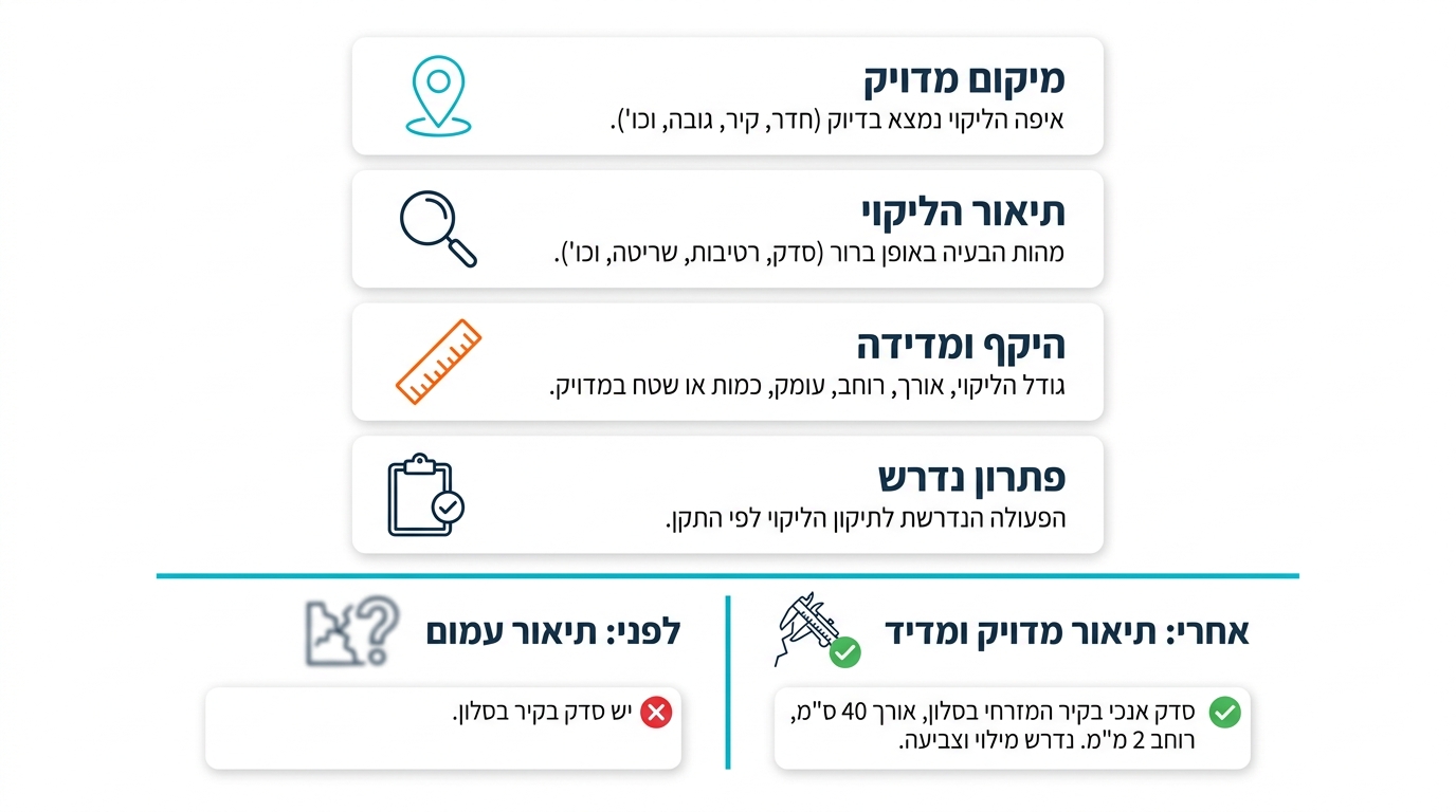 מסמך פרוטוקול מסירה עם פירוט ליקויים מדיד ומדויק