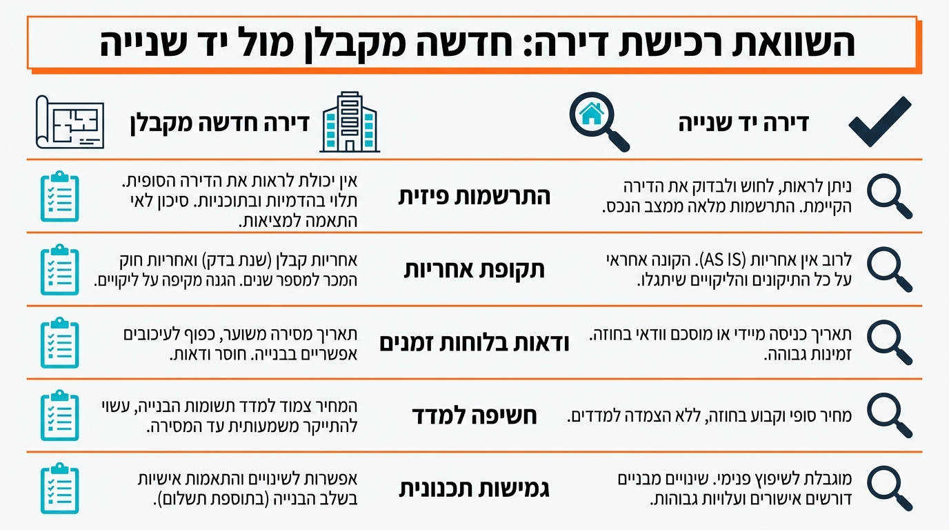 השוואה בין רכישת דירה מקבלן לדירה יד שנייה