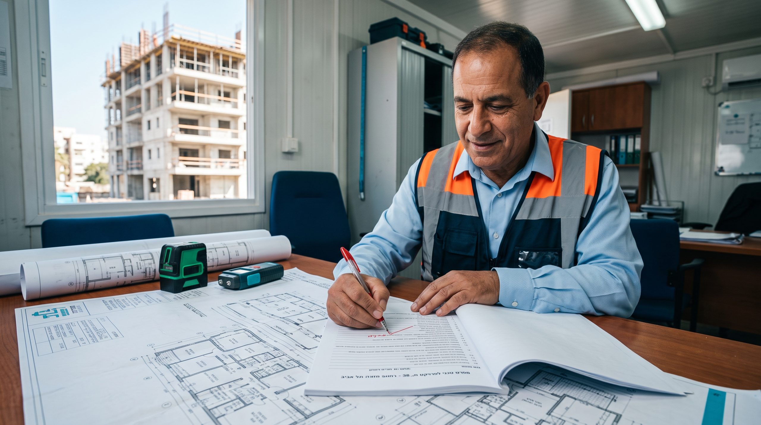 מפקח בודק את שלד הבניין בפרויקט תמ"א 38 בתל אביב